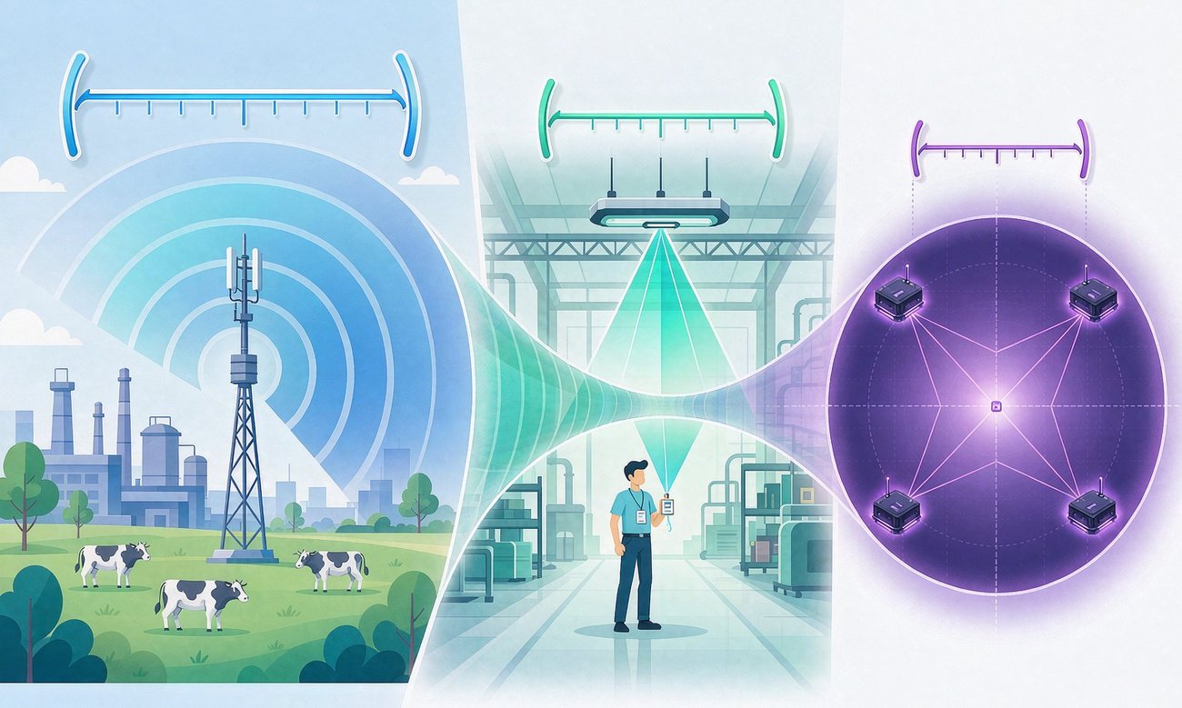 三大定位技术精度对比:LoRaWAN 广域米级、蓝牙 AOA 室内亚米级、UWB 厘米级